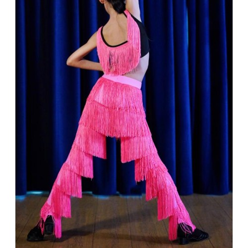 Girls kids black with pink fringe latin ballroom dance costumes fringe latin dance tops and pants competition salsa tango ballroom latin dance outfits for Children